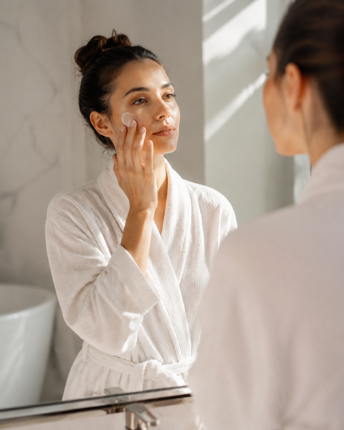 Woman in a white robe applying skincare to her cheek at a bathroom mirror