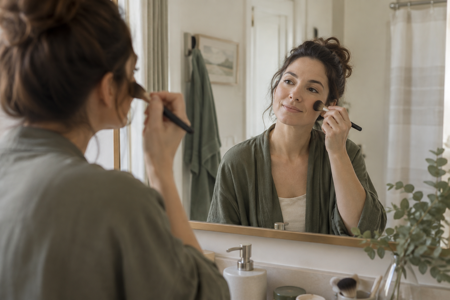 Woman finishing her simple makeup at a mirror
