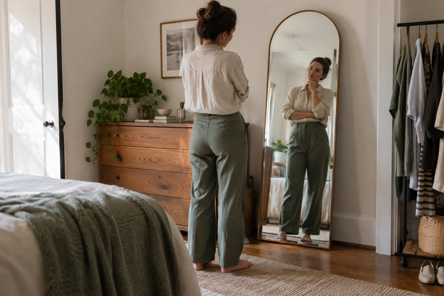 Woman checking her reflection before choosing her priorities